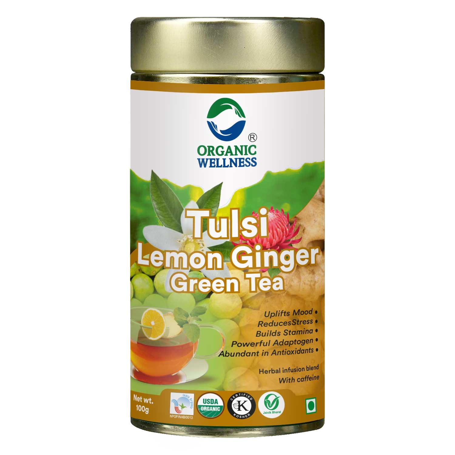 Organic Wellness Tulsi Lemon ginger Green Tea Tin Pack