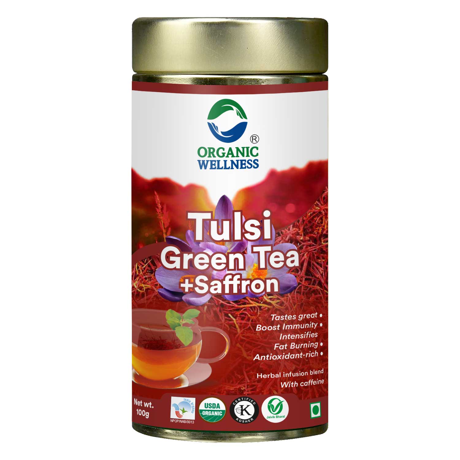 Organic Wellness Tulsi Green Tea + Saffron  Tin Pack